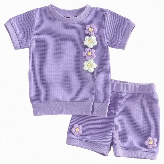 Hessimy Toddler Girl Shorts Set Summer Clothes Short Sleeve Tshirt and Pocket Shorts,Stretchy Comfy Waist(Purple,12-18 Months)