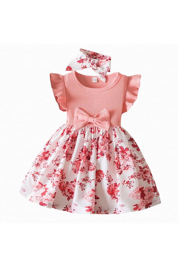 Toddler Girls Back to School Casual Flutter Sleeve Ruffle Bottom Summer Dress(Pink,12-18 Months)