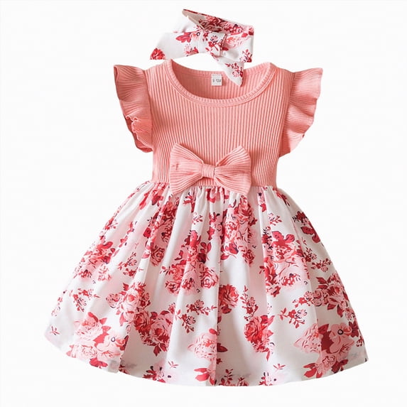 Hessimy Toddler Girls Back to School Casual Flutter Sleeve Ruffle Bottom Summer Dress(Pink,2-3 Years)