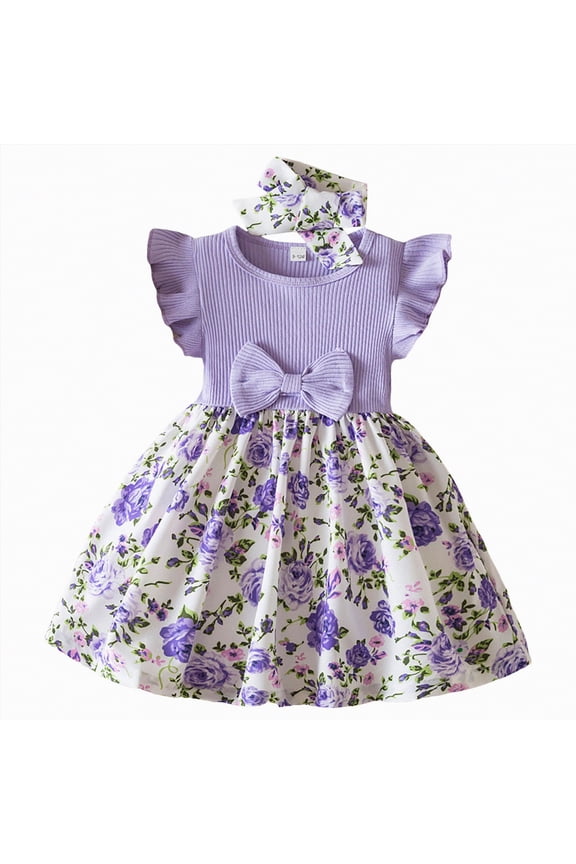 Toddler Girls Back to School Casual Flutter Sleeve Ruffle Bottom Summer Dress(Purple,2-3 Years)
