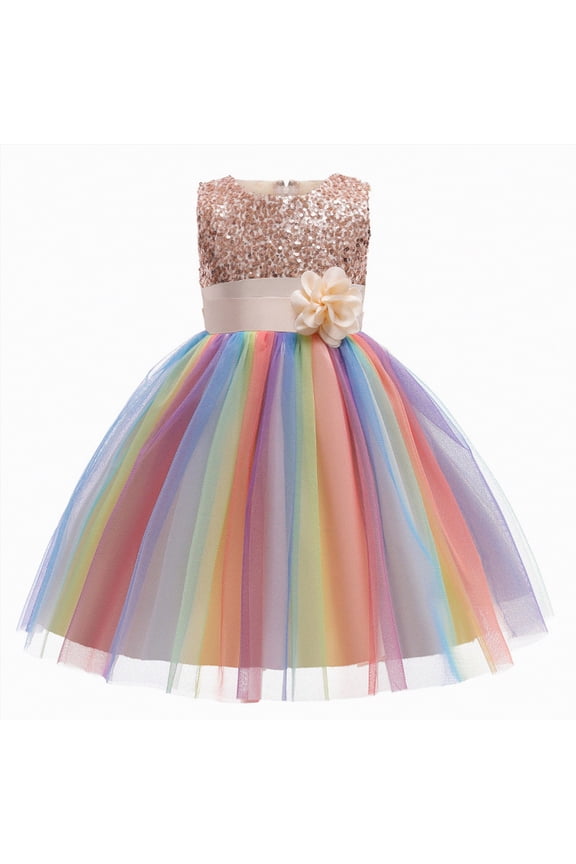 Toddler Girls Casual Party Print A-line Sundress,everyday wear(Rose Gold,7-8 Years)