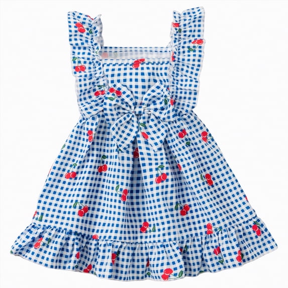 Hessimy Toddler Girls Cotton Casual Dress Cartoon Print Short Sleeve Dress Girls Summer Sundress(Blue,5-6 Years)