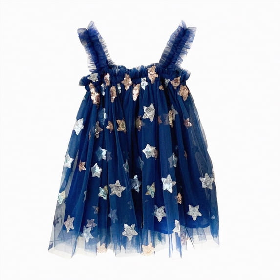 Hessimy Toddler Girls Summer Dress Casual Cotton Short Sleeve Cartoon Print Striped Dress Basic Applique Playwear Dress(Blue,12-18 Months)