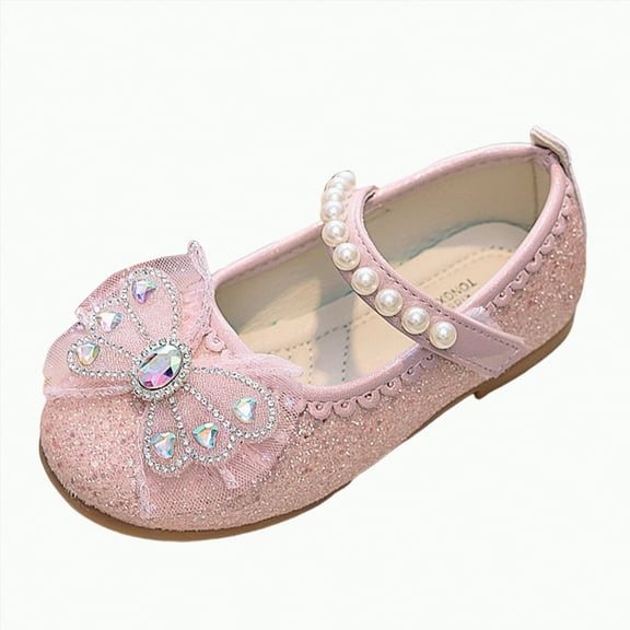 Hessimy Toddler Little Girls Dress Shoes Heel Mary Jane Bow Flower Wedding Party Shoes Glitter Princess Shoes Flats (Toddler/Little Kid) school Round headed Round headed (Pink,1.5)