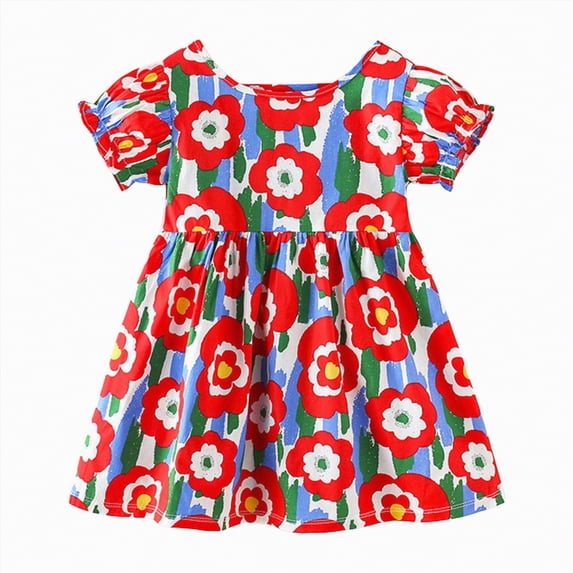 Hessimy Toddler and Kids Girls Short Sleeve Everyday Printed Dress,cute casual(Hot Pink,3-4 Years)
