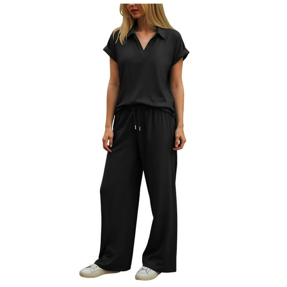 Hessimy Two Piece Sets for Women Fall Outfits Lounge Sets Mock Neck Tops Wide Leg Pants Vacation Travel Airport Outfits（Black，XXXL）