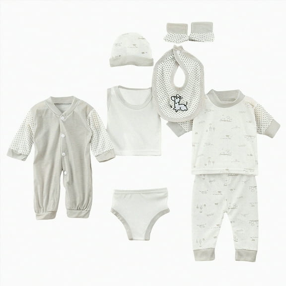 Hessimy Unisex Baby Clothes 5 Piece Layette Sets Cotton 0-3 Months Clothes Outfits for Baby Boys Girls Gift Set (Tops+Hat+Pants+Bib) (Grey,0-3 Months)