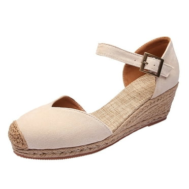 Hessimy Wedge for Women Sandals Platform Linen Sandals Fashion Braided Buckle Wedge Sandals Womens Dress Sandals with Ankle Strap(Beige,8)
