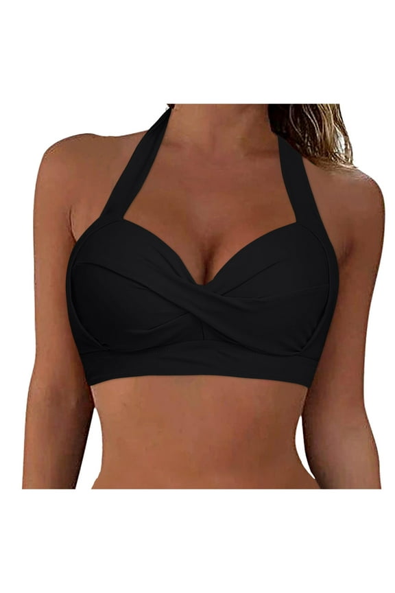 Women Bikini Top Push Up Swim Top Halter Retro Bathing Suit Top Padded Swimsuit Top Only(Black,XXL)