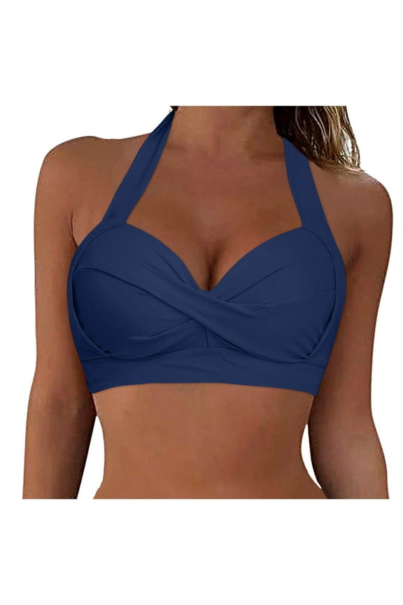 Women Bikini Top Push Up Swim Top Halter Retro Bathing Suit Top Padded Swimsuit Top Only(Dark Blue,M)
