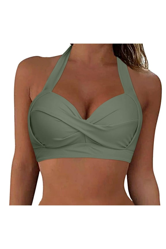 Women Bikini Top Push Up Swim Top Halter Tie Retro Bathing Suit Padded Swimsuit Top Only(AG,XXL)