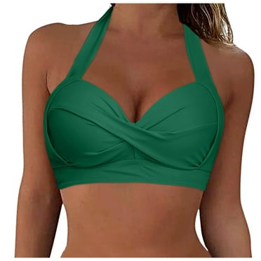 Hessimy Women Bikini Top Push Up Swim Top Halter Tie Retro Bathing Suit Padded Swimsuit Top Only(Green,S)