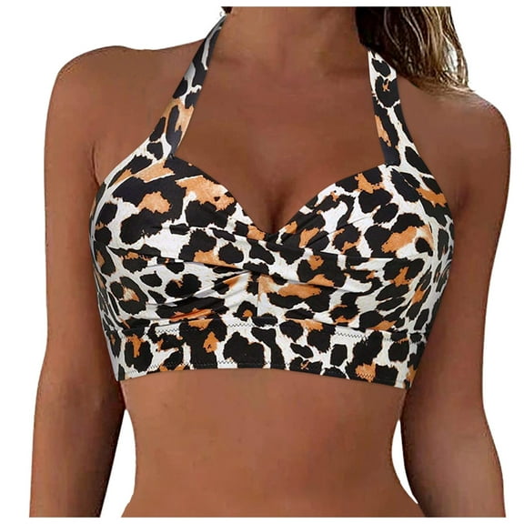 Hessimy Women Bikini Top Push Up Swim Top Halter Tie Retro Bathing Suit Padded Swimsuit Top Only(Khaki,M)