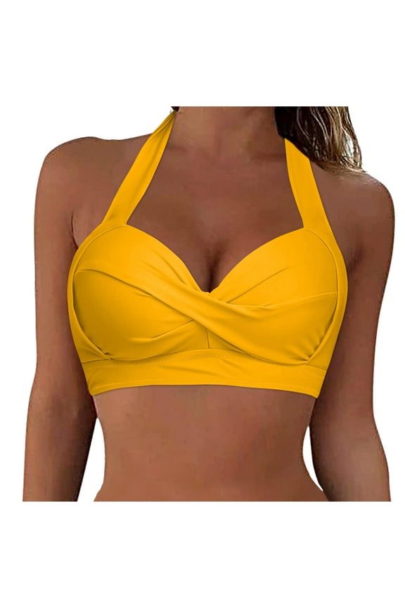 Women Bikini Top Push Up Swim Top Halter Tie Retro Bathing Suit Padded Swimsuit Top Only(Orange,XL)