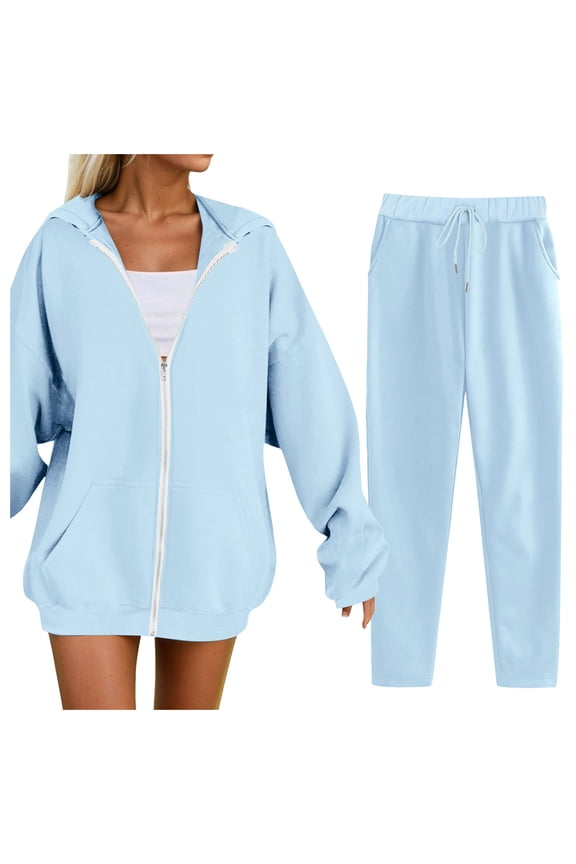 Women Fall Two Piece Lounge Outfit Long Sleeve Tops High Waisted Jogger Pants Set Spring Travel Clothes Tracksuit(Sky Blue,L)
