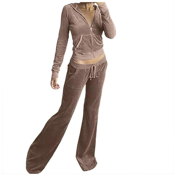 Hessimy Women Fall Two Piece Outfits Sweatsuits Long Sleeve Sweatshirt Wide Leg Pants Tracksuit Lounge Sets Lounge Sets Tracksuit(Khaki,S)