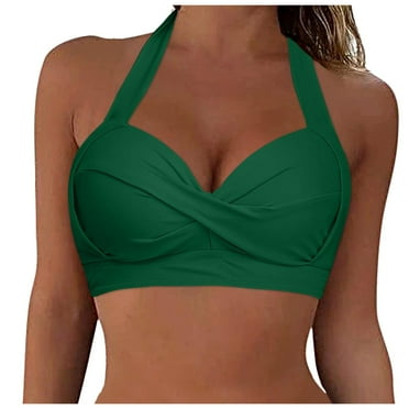 Hessimy Women Halter Bikini Top Push Up Swimsuit Top Retro Swim Top Twist Front Bathing Suit Top Only(Green,S)
