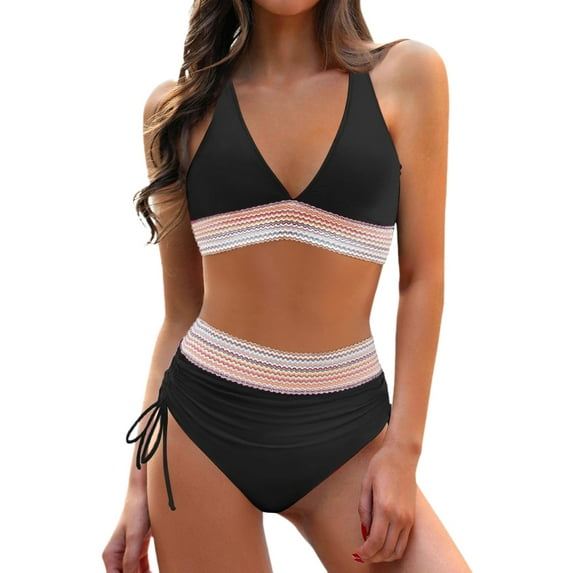 Hessimy Women High Waisted Bikini Sets Tummy Control Swimsuits Color Block Two Piece Drawstring Bathing Suit(Z02-Black,XL)