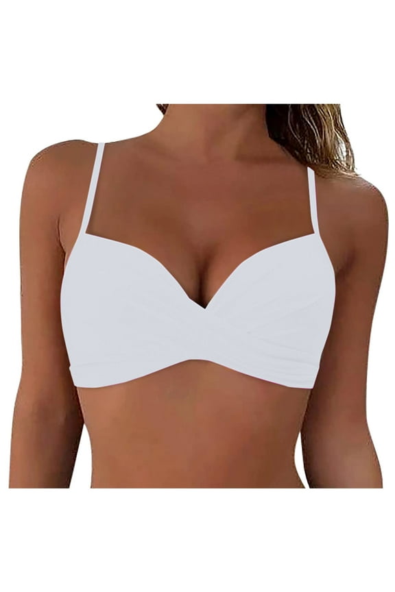 Women's Twist Front V Neck Bikini Top Padded Adjustable Spaghetti Straps Bathing Suit Tops Only(White,S)