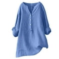thumbnail image 1 of Hessimy Women Long Sleeve Cotton Linen Shirts 2024 Casual Solid Color V-Neck Button Down Shirts Trendy Oversized Spring Tops(Blue,4XL), 1 of 3