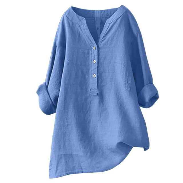 Hessimy Women Long Sleeve Cotton Linen Shirts 2024 Casual Solid Color V-Neck Button Down Shirts Trendy Oversized Spring Tops(Blue,4XL)