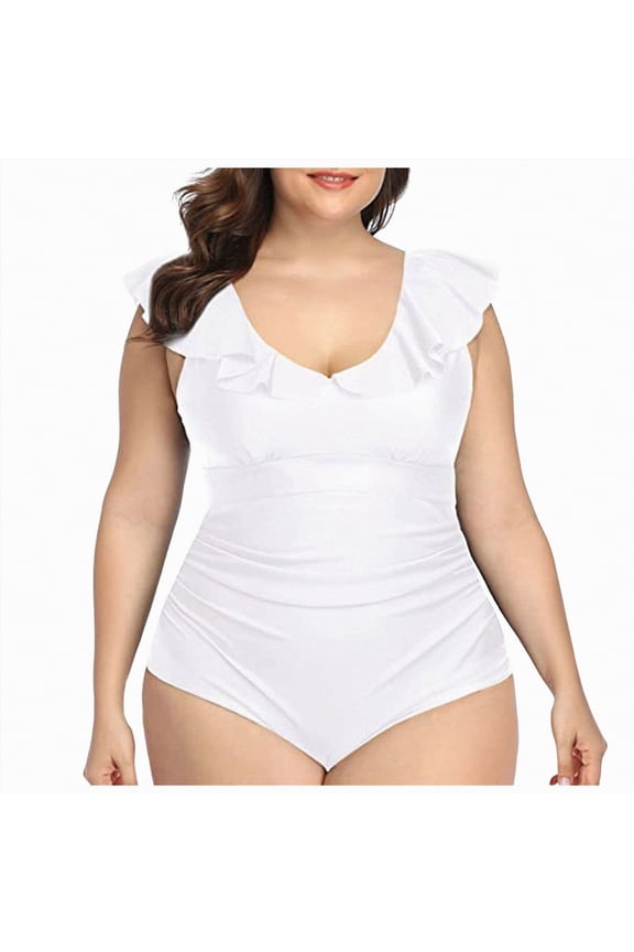 Women One Piece Swimsuit High Neck Plunge Ruched Tummy Control Bathing Suit(White,XXXL)