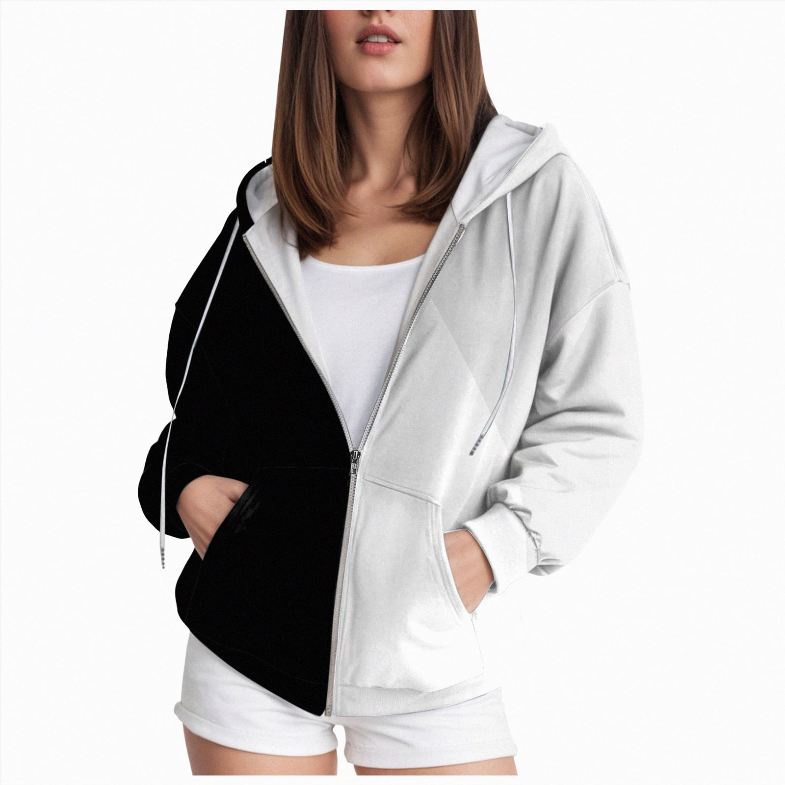 FLR914 zip hoodie 白黒 即日発送 Hessimy Women'S Lightweight Hoodies Full Zip Up Oversized