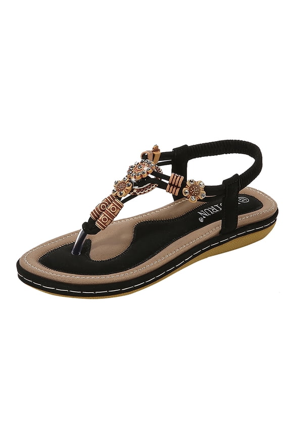 Women Sandals Summer Bohemian Gladiator Open Toe Non-Slip Beach Slippers Casual Toe Separate Leather Flat Roman Shoes with Arch Support Flip Flops (Black,37)