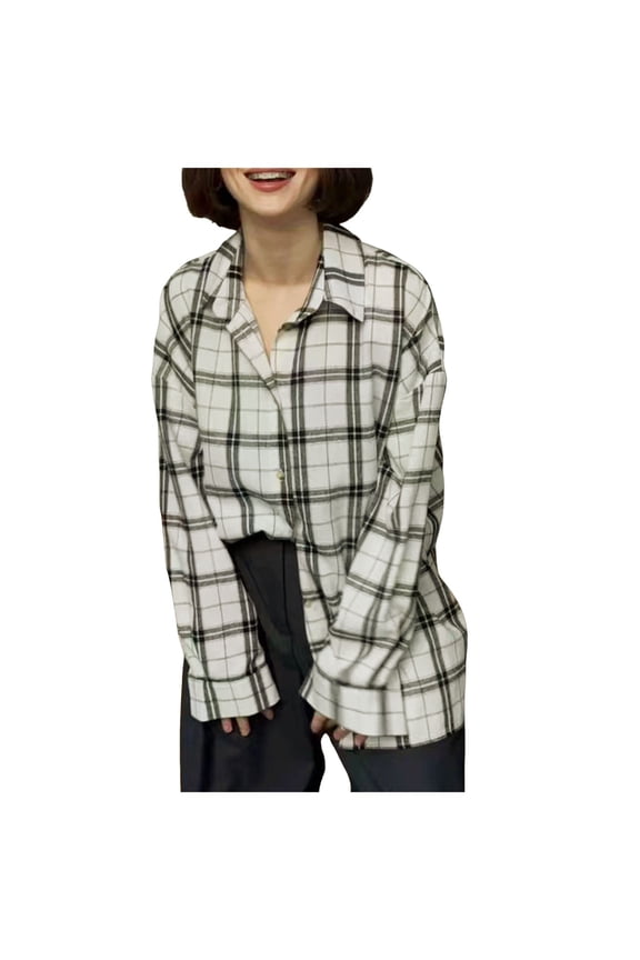 Women Shacket Jacket Long Sleeve Button Down Casual Plaid Flannel Shirts Loose Fall Spring Blouses Tops(White,XL)