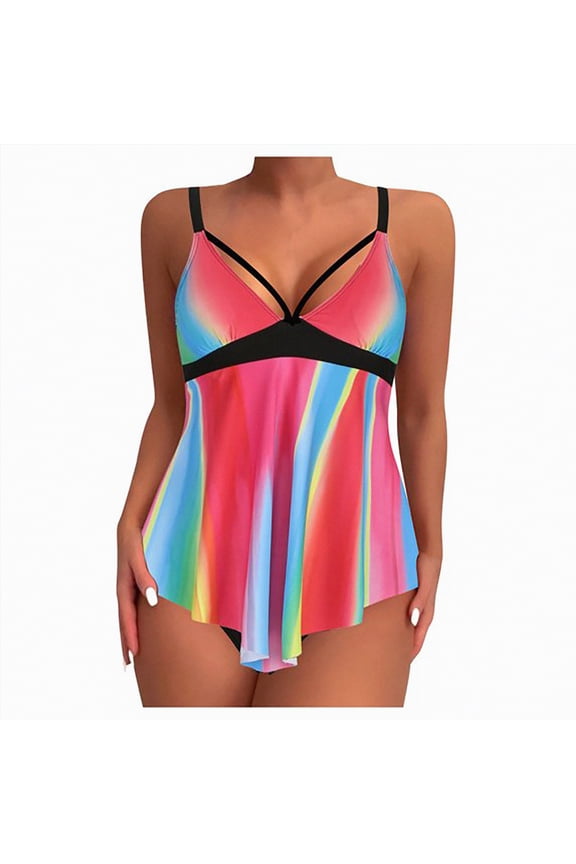 Women Tummy Control Tankinis Two Piece Swimsuits V-Neck Push Up Bathing Suits with Shorts(Multicolour,XL)