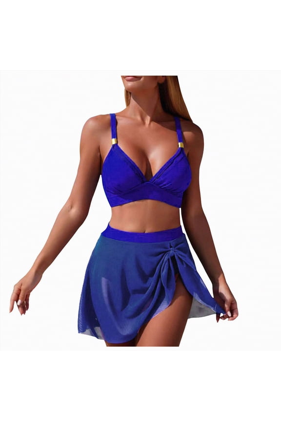 Women Two Piece Bathing Suit Color Block Swimsuit Floral Cutout Swimwear High Neck Halter Bikini Set（Blue,M)
