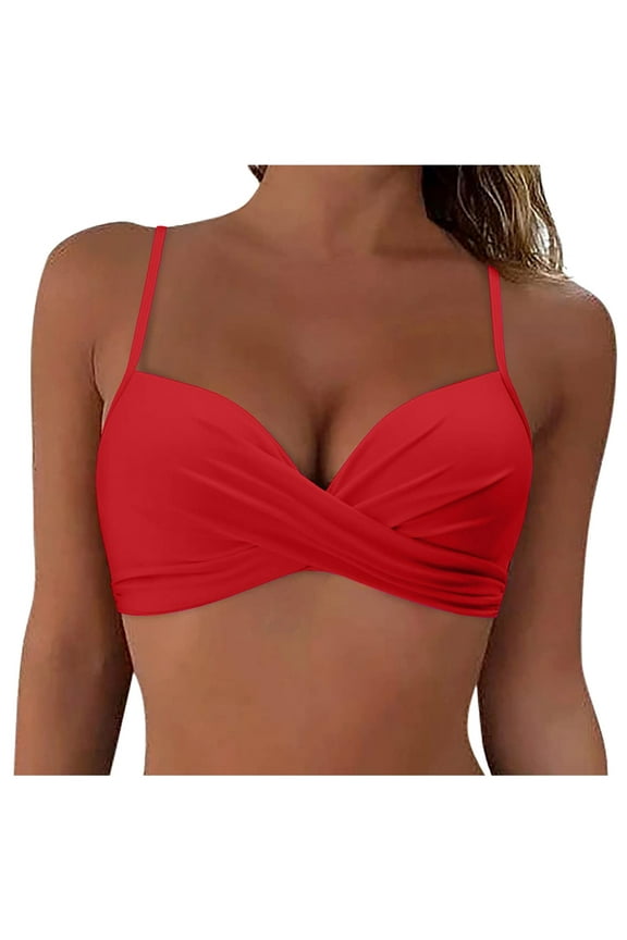 Women's Twist Front V Neck Bikini Top Padded Adjustable Spaghetti Straps Bathing Suit Tops Only(Red,L)