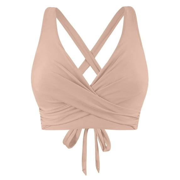 Hessimy Women Underwire Full Coverage Bikini Top Only Criss Cross Push Up Swim Crop Top Tie Back Bathing Suit(Z03-Khaki,L)
