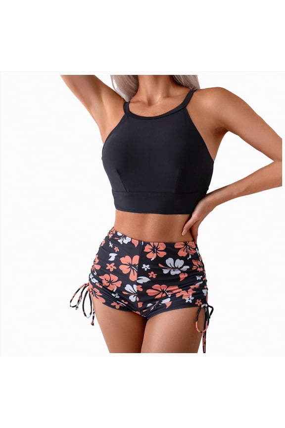 Women's 2 Piece Cheeky Bikini Sets Tie Back Ring Linked Cheeky Swimsuit Sexy Triangle Bathing Suit(Black,S)