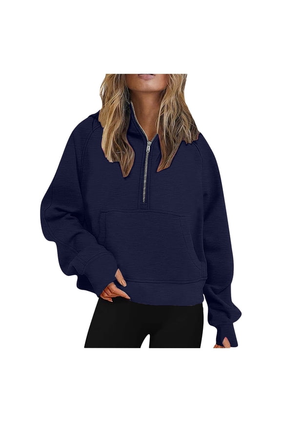 Women's Cropped Sweatshirts Half Zip Pullover Fleece Quarter Zipper Hoodies Thumb Hole Sweaters 2024 Clothes(Z05-Blue,S）