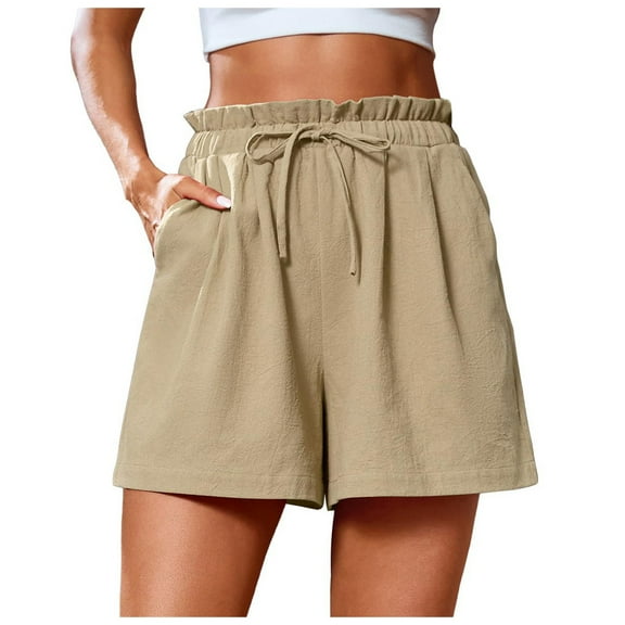 Hessimy Women's Double Layered Pleats Shorts Drawstring Elastic Waist Cotton Womens Shorts(Khaki,S)