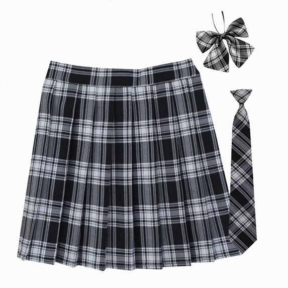 Hessimy Women's Girls Plaid Pleated Skirt With Necktie Bowtie High Waisted School Uniform A-line Pleated Skirt Skater Tennis(Black,M)