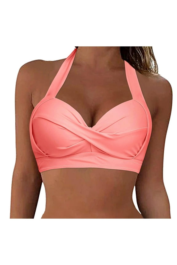 Women's Halter Neck Tie Knot Back Soft Molded Padding Bikini Top(Pink-01,L)