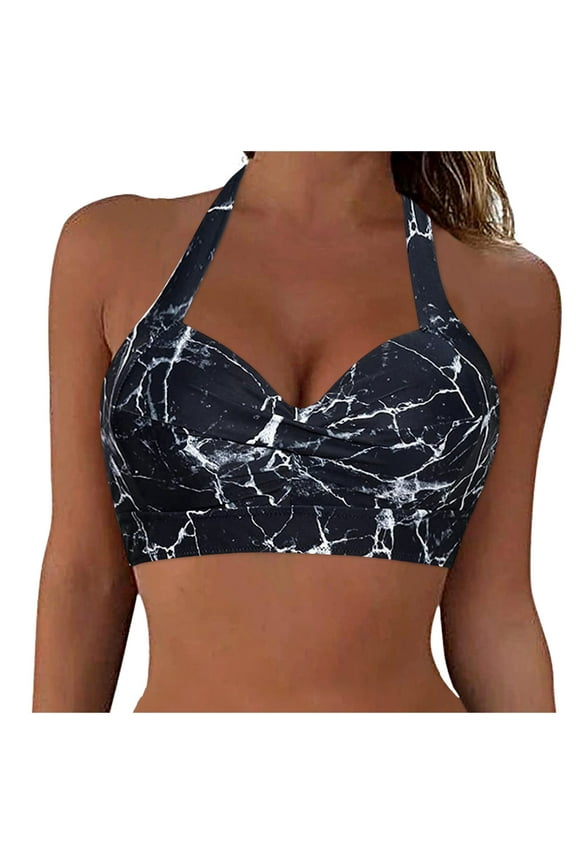 Women's Halter Neck Tie Knot Back Soft Molded Padding Bikini Top(Silver,L)
