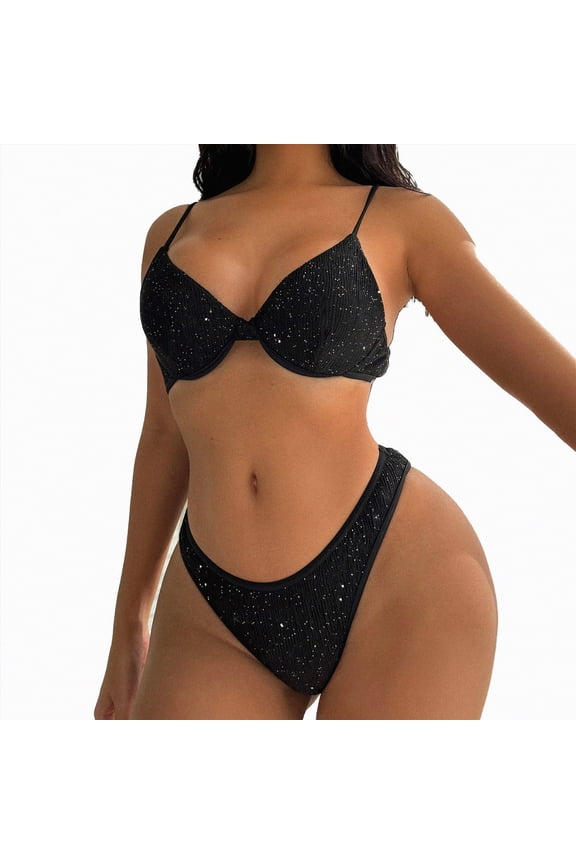 Women's High Cut Underwire Bikini Set String Two Piece Swimsuit Cheeky Cut Out（Black,L)