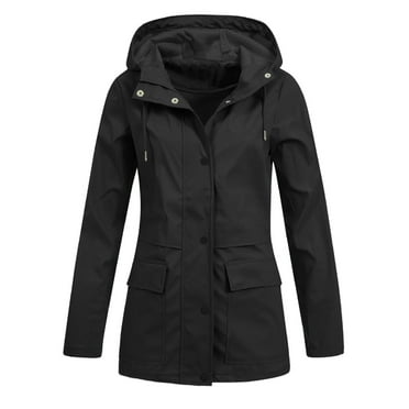 Hessimy Women's Hooded Rain Jacket Long Waterproof Raincoat Casual Full Zip Anorak Midi Windbreaker Pockets(Black,XL)