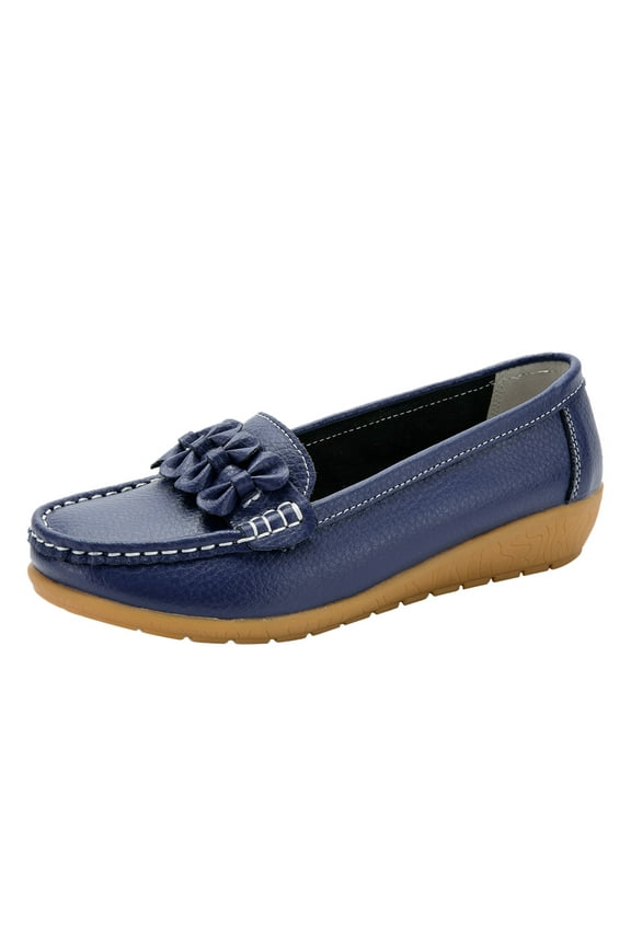 Women's Leather Loafers Driving Moccasins Casual Slip-On Boat Shoes Comfort Walking Flat Loafer for Women Wide Width(Dark Blue,8.5)