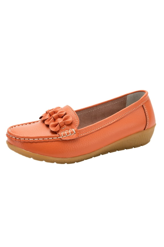 Women's Leather Loafers Driving Moccasins Casual Slip-On Boat Shoes Comfort Walking Flat Loafer for Women Wide Width(Orange,7.5)