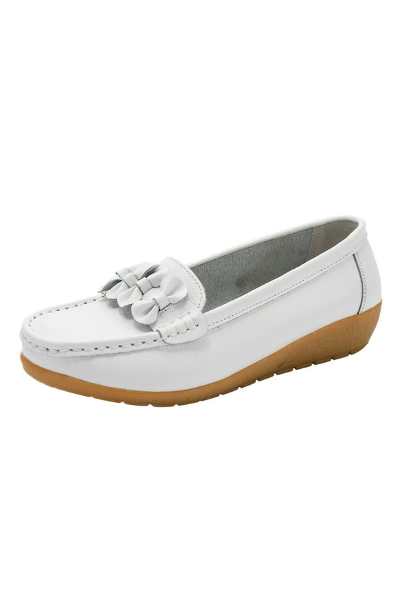 Women's Leather Loafers Driving Moccasins Casual Slip-On Boat Shoes Comfort Walking Flat Loafer for Women Wide Width(White,7.5)
