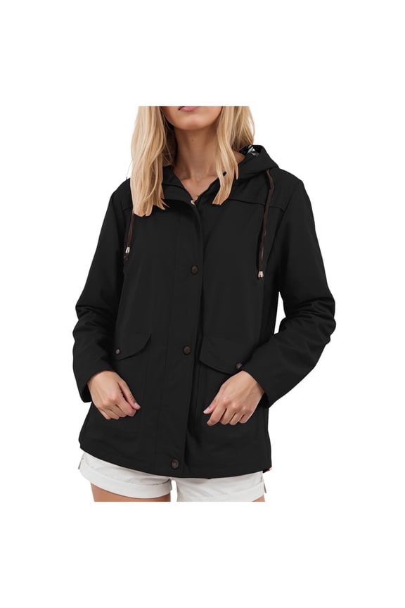 Women's Lightweight Anorak Utility Jacket Button Down Spring Waterproof Coat Fall Casual Hoodieswowomen's coats, jackets & vests(Black,XXL)