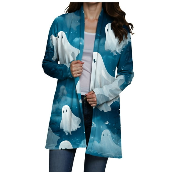 Hessimy Women's Lightweight Halloween Cardigans Casual Loose Long Sleeve Vintage Fall Cardigan Jackets(Blue,XL)