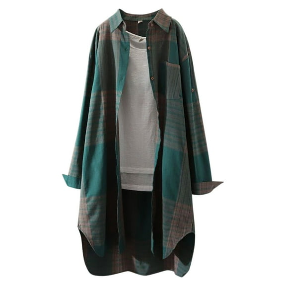 Hessimy Women's Oversized Button Down Long Plaid Flannel Shirts Lapel Long Sleeve Check Jacket Shacket(Z02-Green,S）