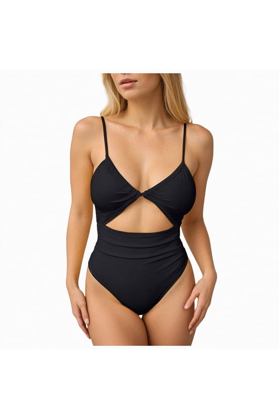 Women's One Piece Swimsuit Plunging Neck Cutouts Bathing Suit Textured Ruched Crisscross Back Self Tie Swimwear(Black,XXL)