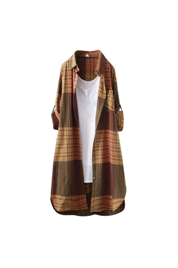 Women's Plaid Shacket Brushed Flannel Shirt Jacket Vintage Long Wool Blend Tartan Coat(Z02-Coffee,XL）