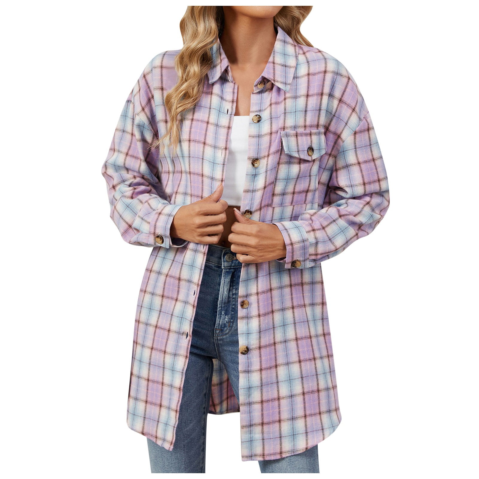 Hessimy Women's Plus Size Plaid Flannel Shacket Loose Fit Long Shirts ...